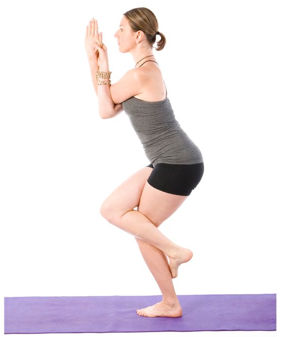 Sally Parkes performing the eagle yoga pose