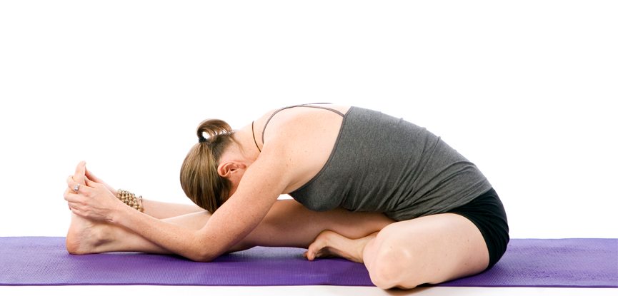 HFE writer and international yoga teacher Sally Parkes performs the head to knee yoga pose, ideal for runners
