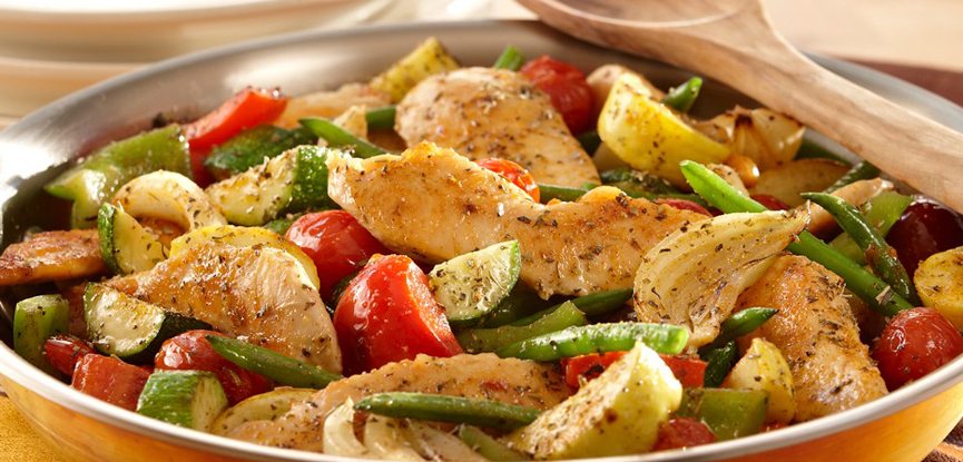 a pan of cooked chicken and vegetables