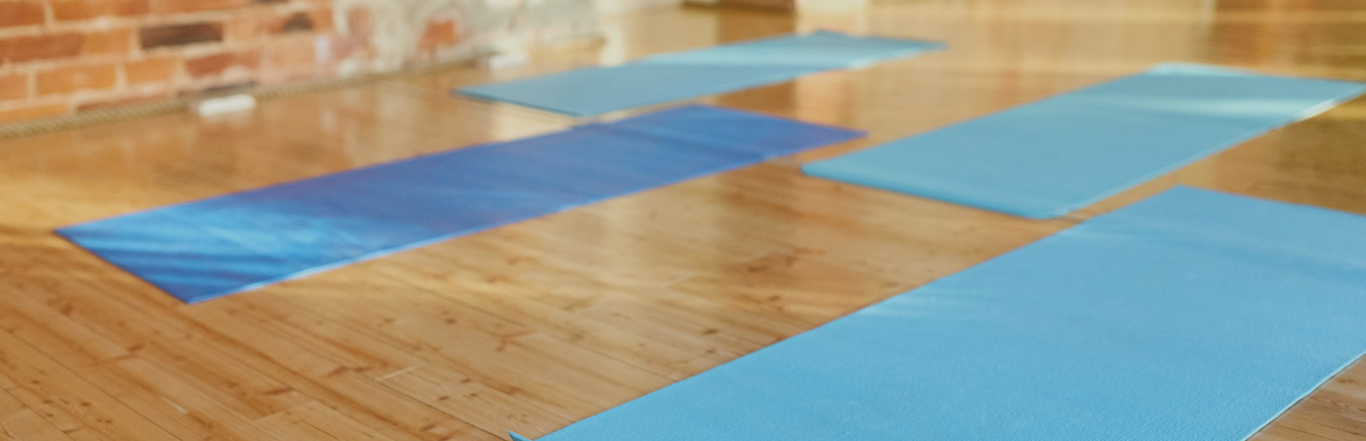 An empty yoga studio with blue mats arranged on the floor
