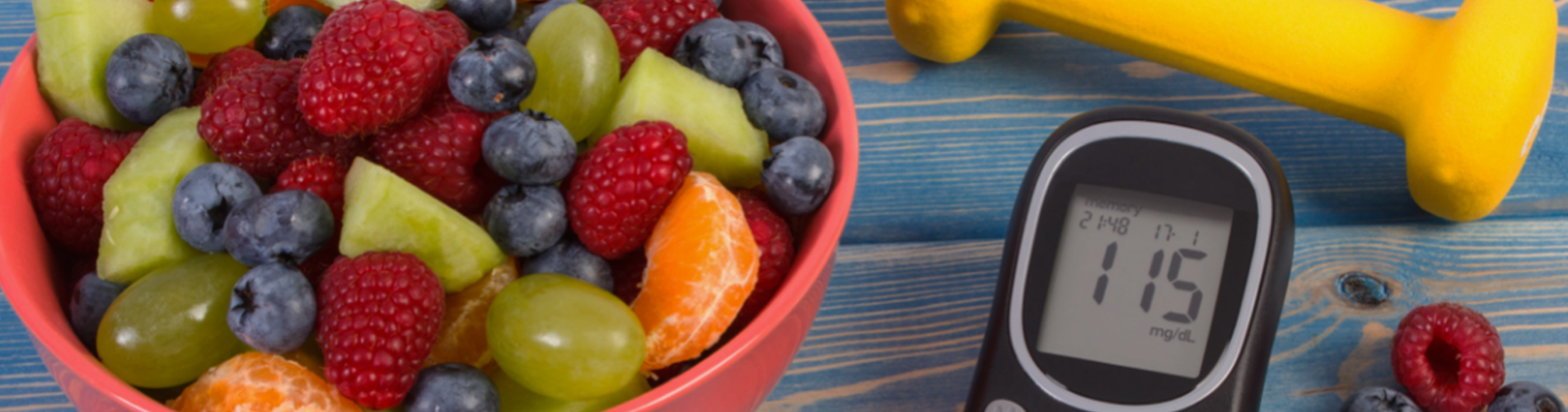 fruit bowl next to blood sugar monitor