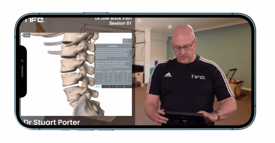 Dr Stuart Porter leading Low Back Pain lecture on iPhone screen