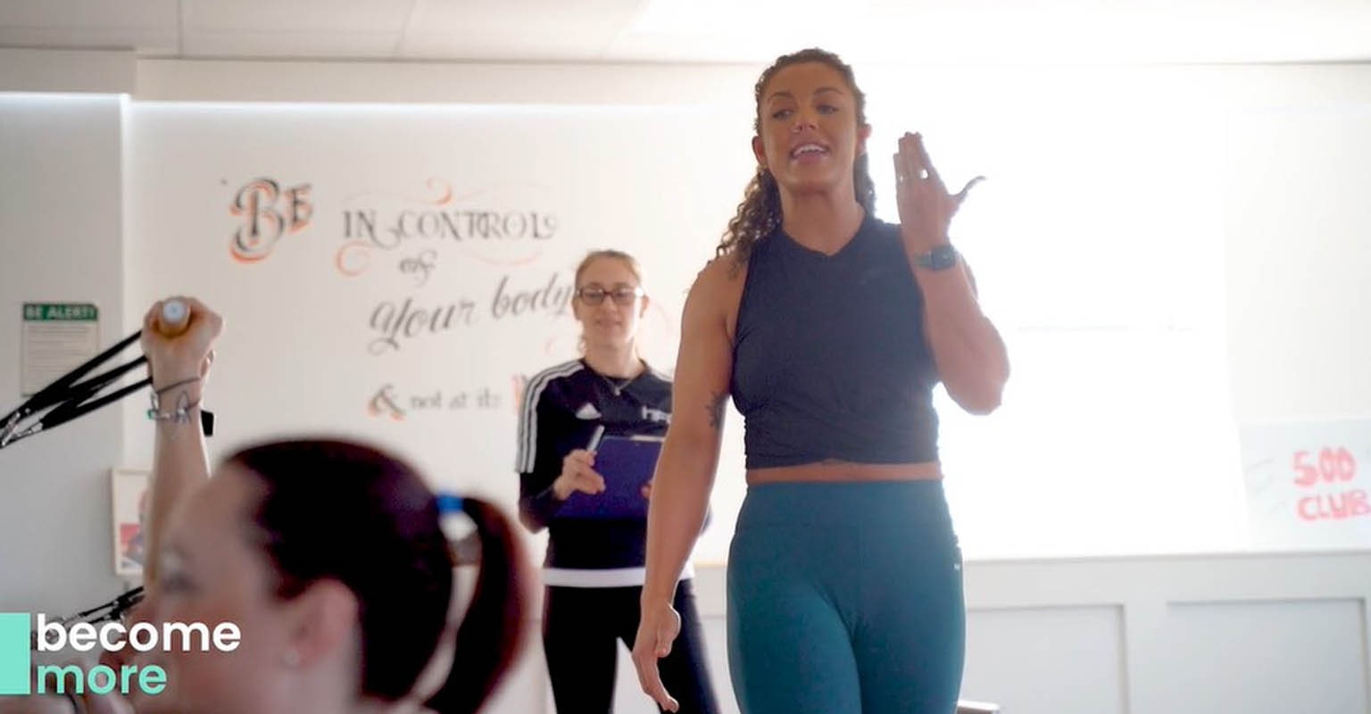 Reformer Pilates student leading class while being assessed