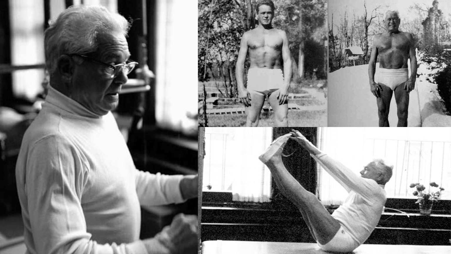 A collage of Joseph Pilates pictures, including Pilates demonstrating Pilates poses
