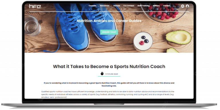 An article about what it takes to be a sports nutrition coach on a laptop.