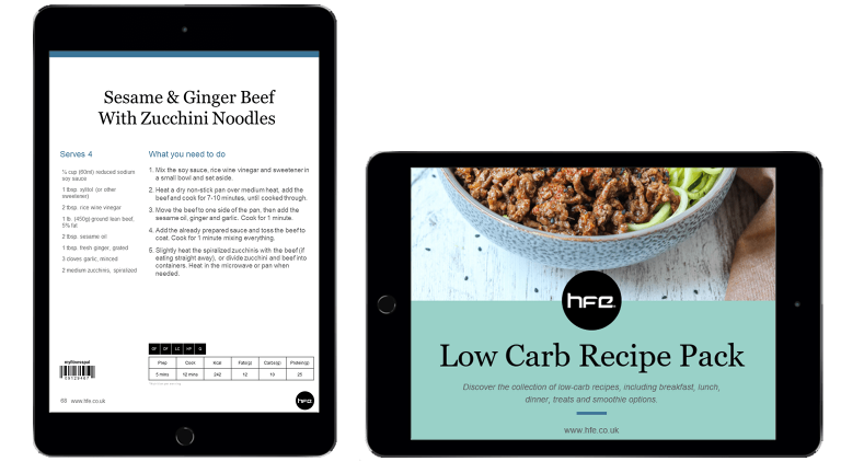 Two iPads displaying a sesame beef recipe from the low-carb recipe pack and an image of the food