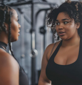 Woman Motivational interviewing a client in the gym
